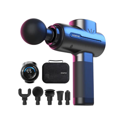 A sleek black ENERGIA Active Massage Gun with an LED display screen showing “45”. The gun boasts Type C charging and comes with a zippered carrying case and six massage head attachments, including round, forked, flat, and bullet-shaped heads. Designed for deep-tissue massage, it features blue accents and a comfortable grip.